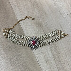 Pearl & Crystal Choker Necklace – Gold Tone with Pink Center Stone
